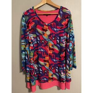 Calessa Shirt Womens XL Bright Multicolor Zip Front Abstract Print Tunic Top